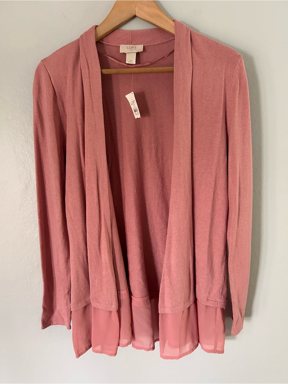 LOFT • Rose Pink Open-Front Cardigan with Chiffon Hem